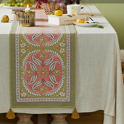 Mandala Floral Dahlia Wool Table Runner with Tassel - MAIA HOMES