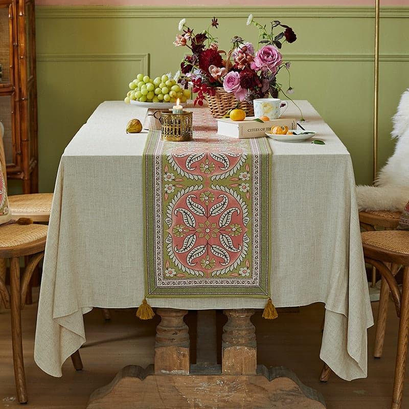 Mandala Floral Dahlia Wool Table Runner with Tassel