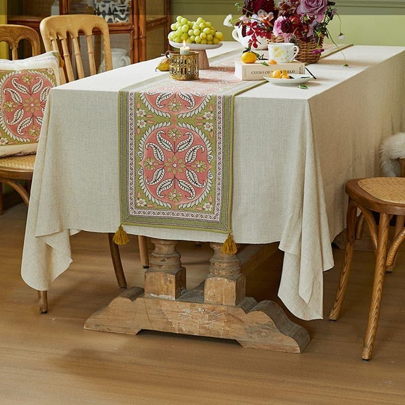 Mandala Floral Dahlia Wool Table Runner with Tassel