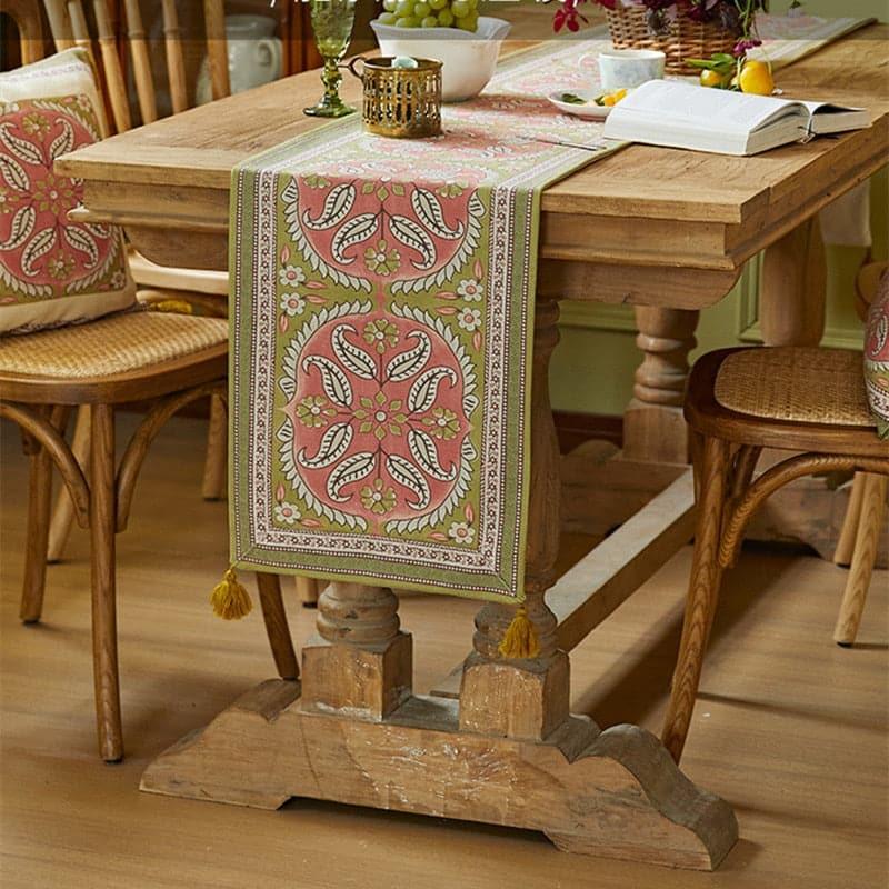 Mandala Floral Dahlia Wool Table Runner with Tassel