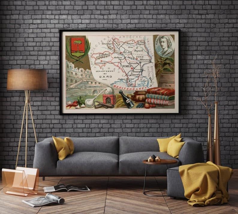 Map of Department of Gard, France| Nimes Wall Art