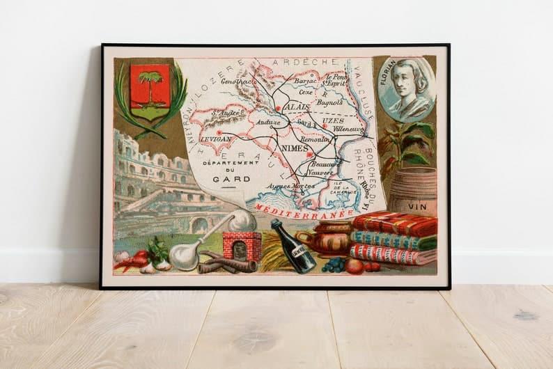 Map of Department of Gard, France| Nimes Wall Art