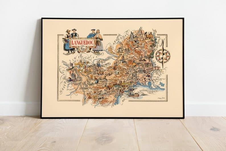 Map of Department of Languedoc, France| France Wall Art