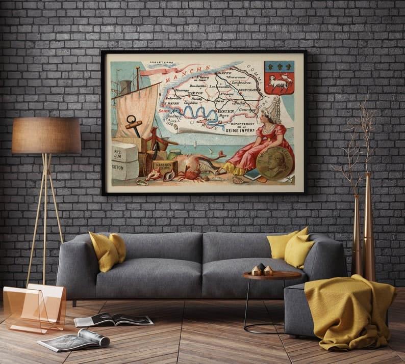 Map of Department of Seine Maritime, France| Rouen Wall Art