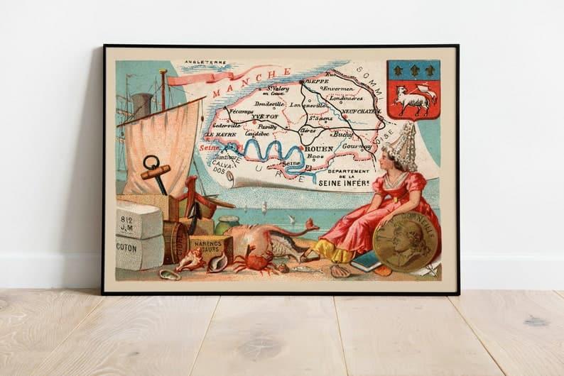 Map of Department of Seine Maritime, France| Rouen Wall Art