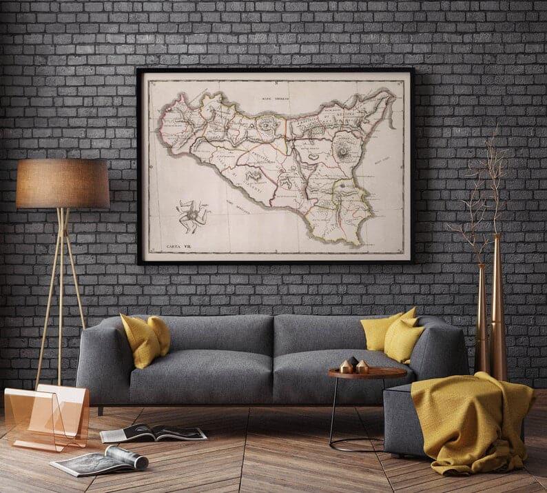 Map of island of Sicily| Vintage Sicily Map Print - MAIA HOMES