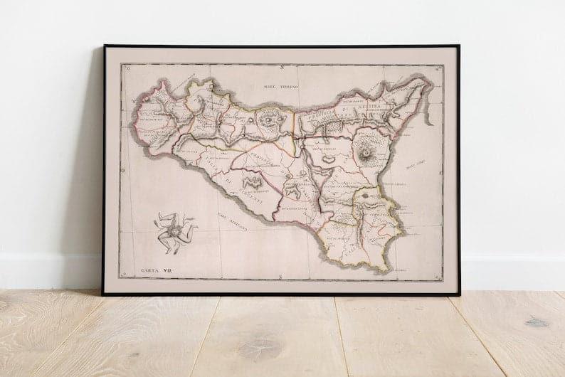 Map of island of Sicily| Vintage Sicily Map Print - MAIA HOMES