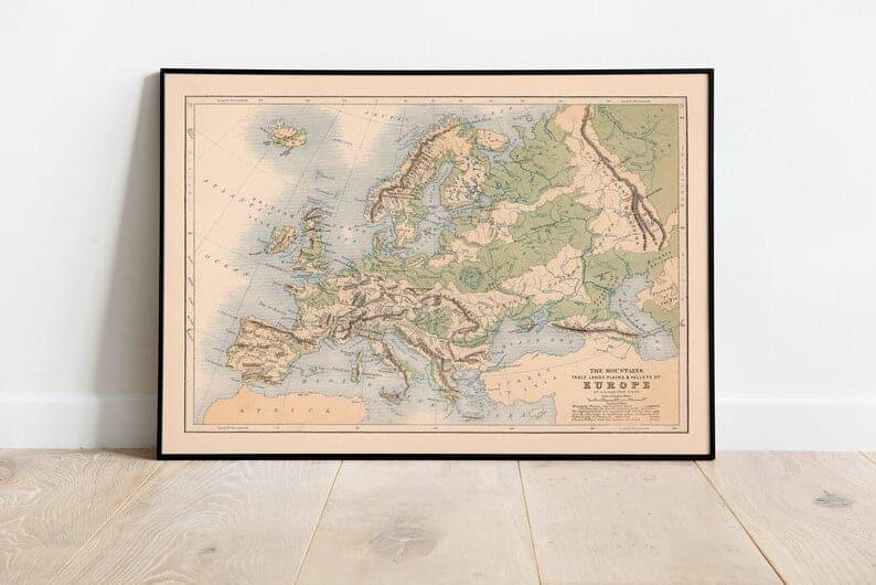 Map of Mountains, Lakes and Valleys of Europe 1852| Old Map Wall Decor - MAIA HOMES