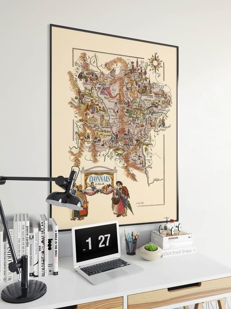 Map of Region of Lyonnais, France| Lyon Wall Art