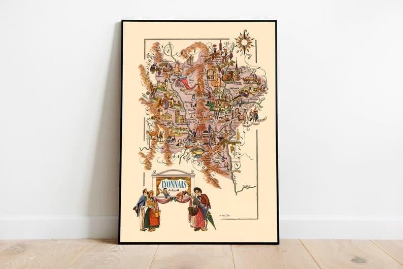 Map of Region of Lyonnais, France| Lyon Wall Art