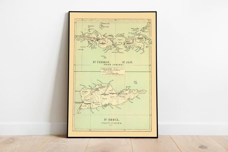 Map of St. Thomas, St. Jan and St. Crook 1853| Vintage Map Prints Wall Art - MAIA HOMES