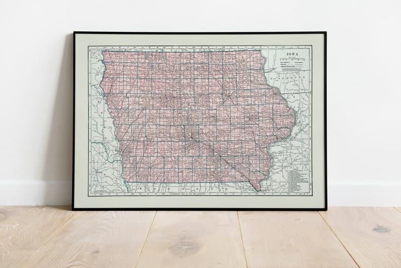 Map of State of iowa| Vintage iowa Map Print - MAIA HOMES
