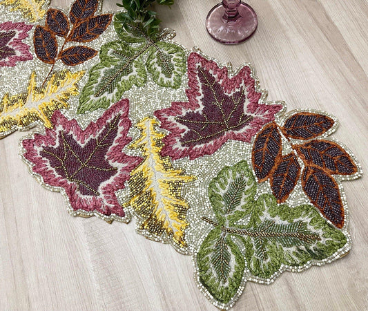 Maple Leaf Embroidered Beaded Table Runner - MAIA HOMES