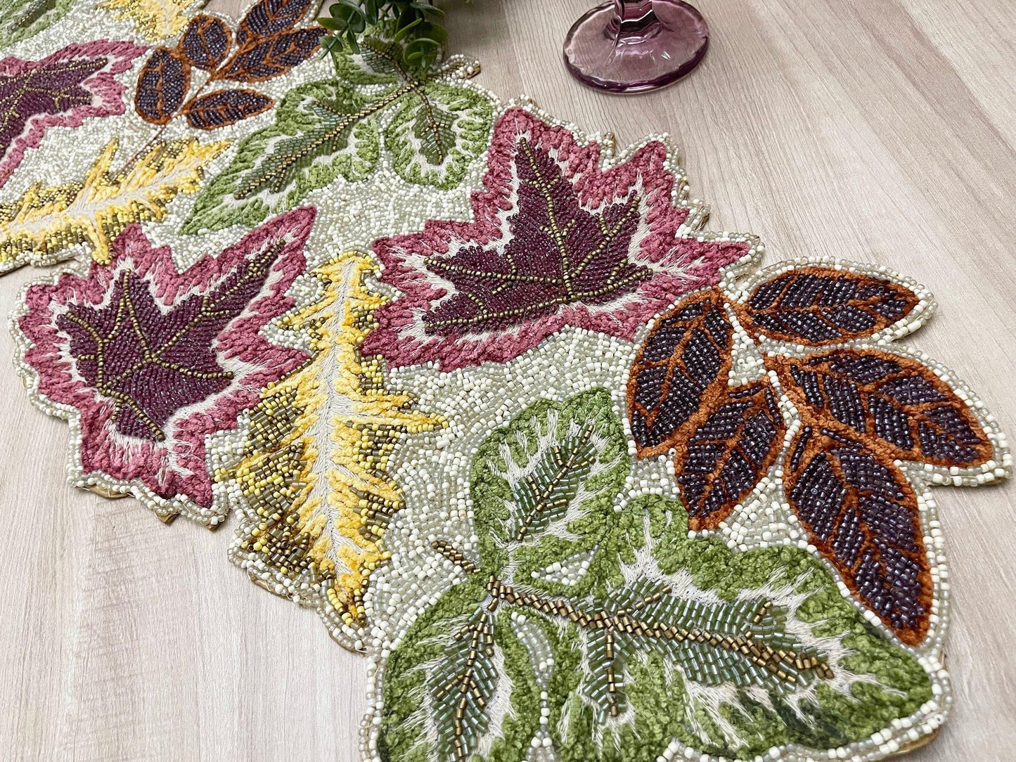 Maple Leaf Embroidered Beaded Table Runner