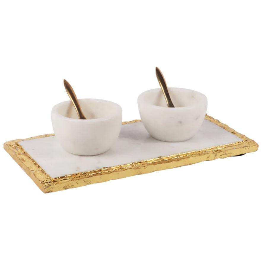 Marble Salt Pepper Condiment Round Bowl and Tray Set With Pure Brass Spoon