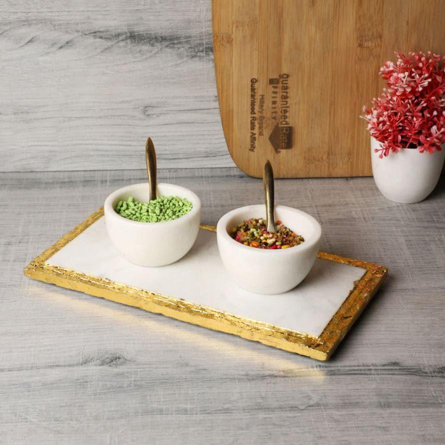 Marble Salt Pepper Condiment Round Bowl and Tray Set With Pure Brass Spoon