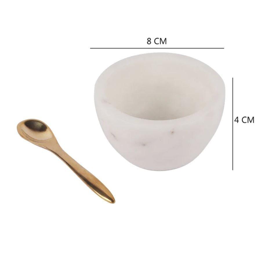 Marble Salt Pepper Condiment Round Bowl and Tray Set With Pure Brass Spoon