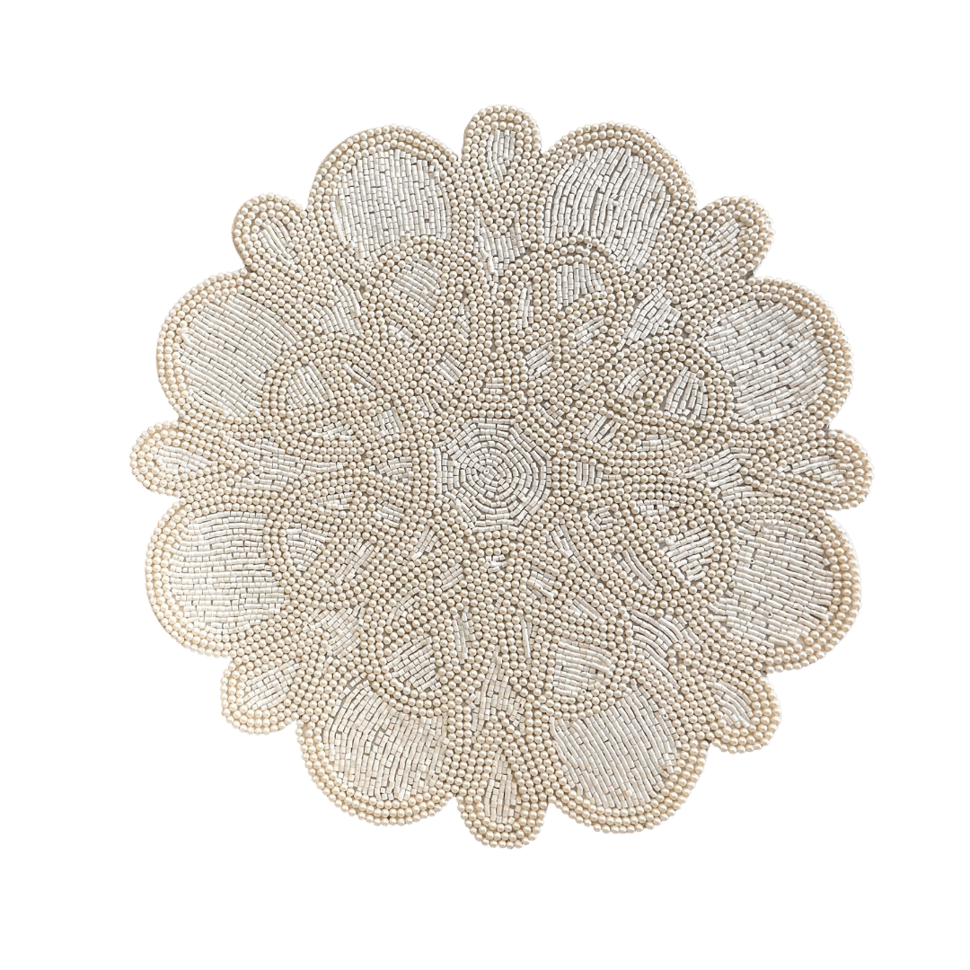 Marrakesh Beaded Scallop Round Placemat - Beige - MAIA HOMES