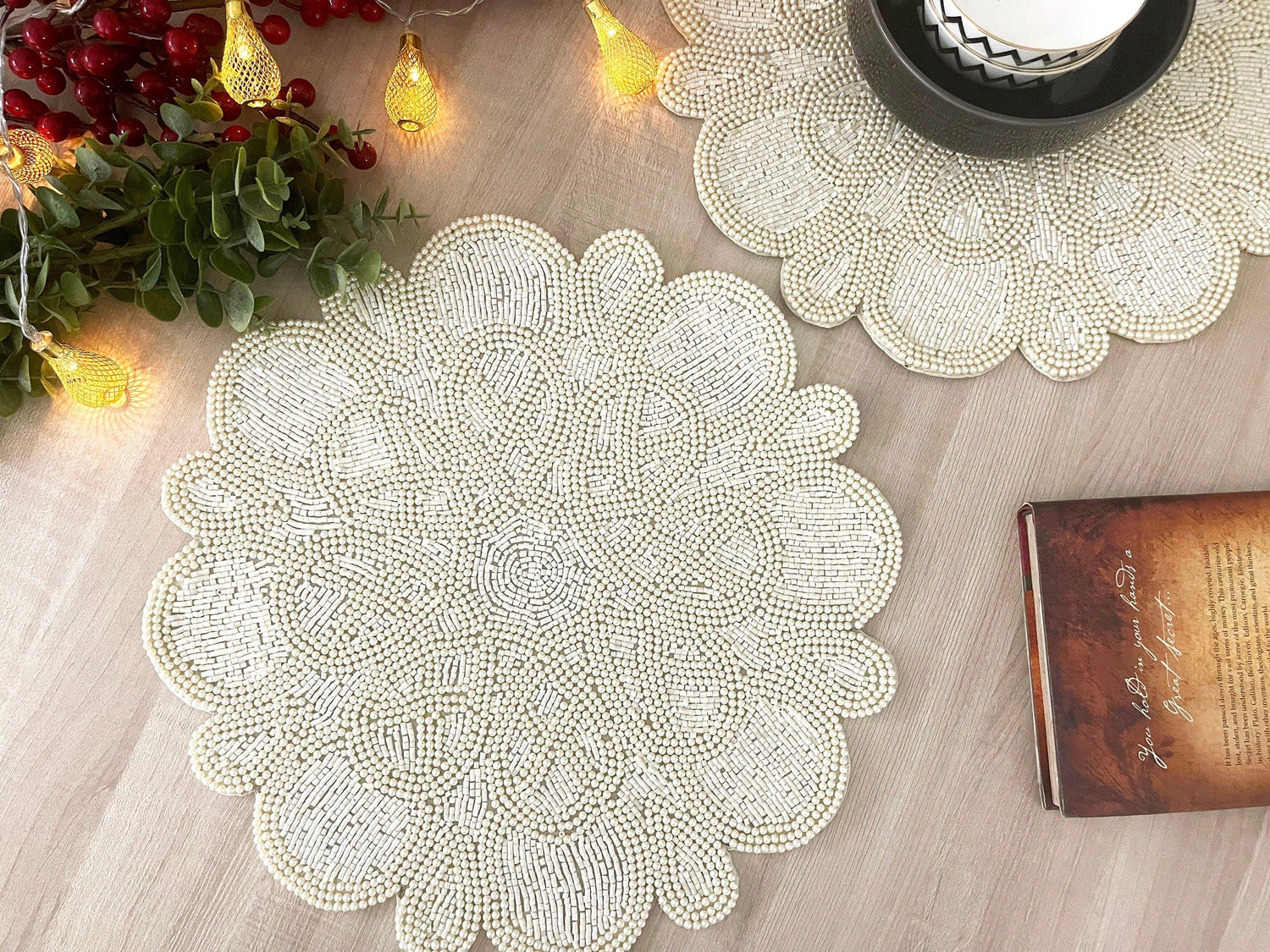 Marrakesh Beaded Scallop Round Placemat - Beige