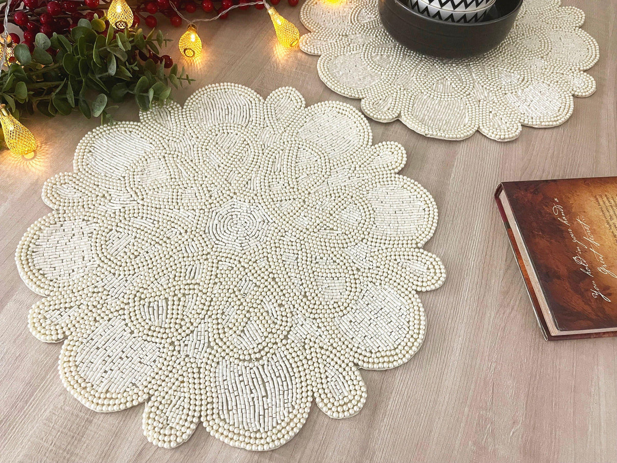 Marrakesh Beaded Scallop Round Placemat - Beige