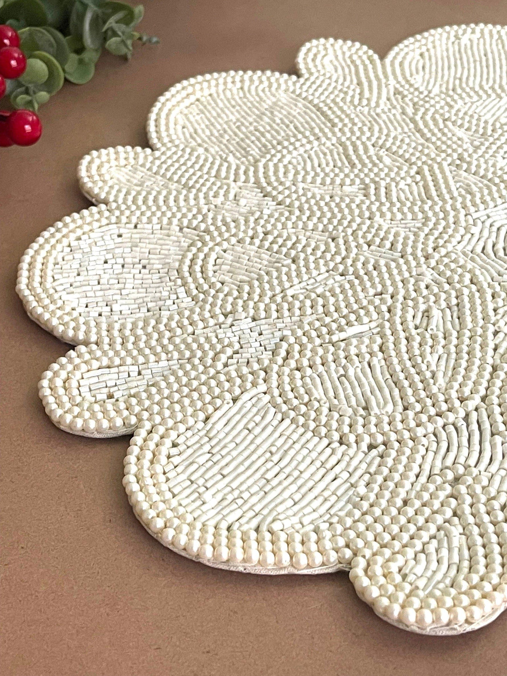 Marrakesh Beaded Scallop Round Placemat - Beige