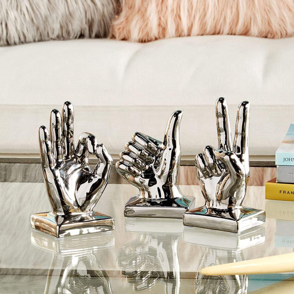 Metallic Polished Silver Hand Sculptures - Set of 3