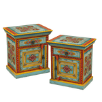 Mini Floral Hand Painted Wooden Cabinet Nightstands - Set of 2