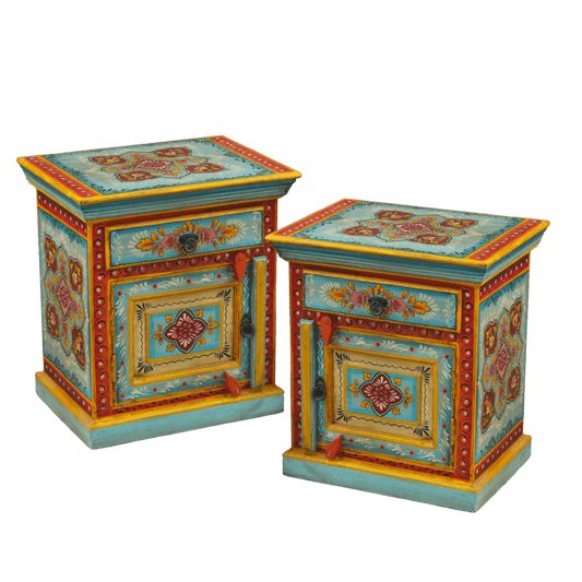 Mini Floral Hand Painted Wooden Cabinet Nightstands - Set of 2 - MAIA HOMES