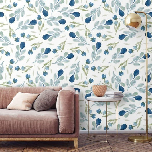 Minimalist Blue and White Floral Wallpaper - MAIA HOMES