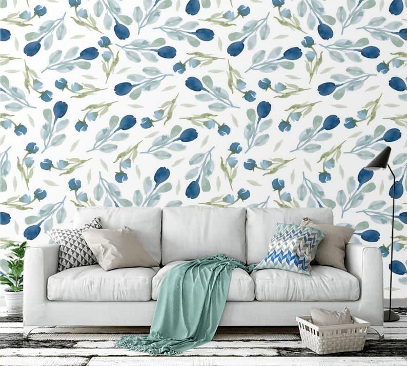 Minimalist Blue and White Floral Wallpaper