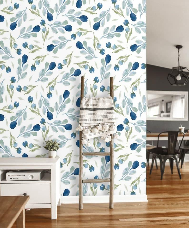 Minimalist Blue and White Floral Wallpaper