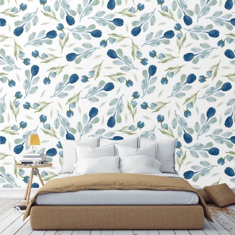 Minimalist Blue and White Floral Wallpaper - MAIA HOMES