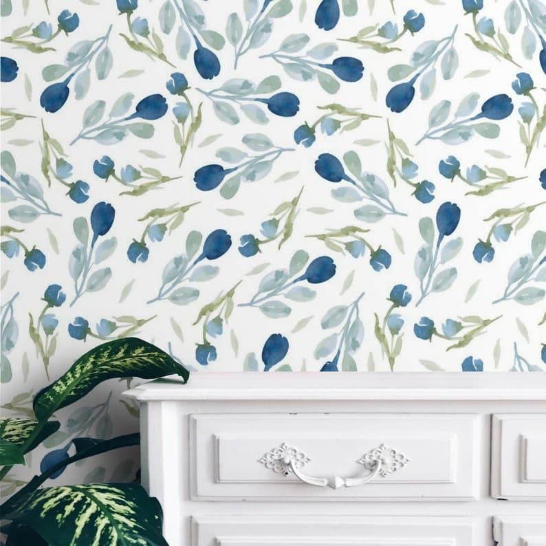 Minimalist Blue and White Floral Wallpaper