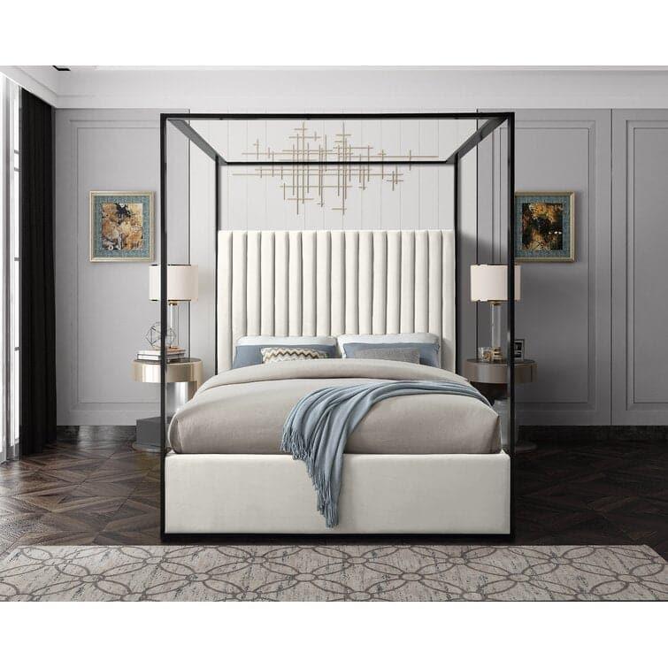 Minimalist Tufted Upholstered Low Profile Canopy Bed Cream