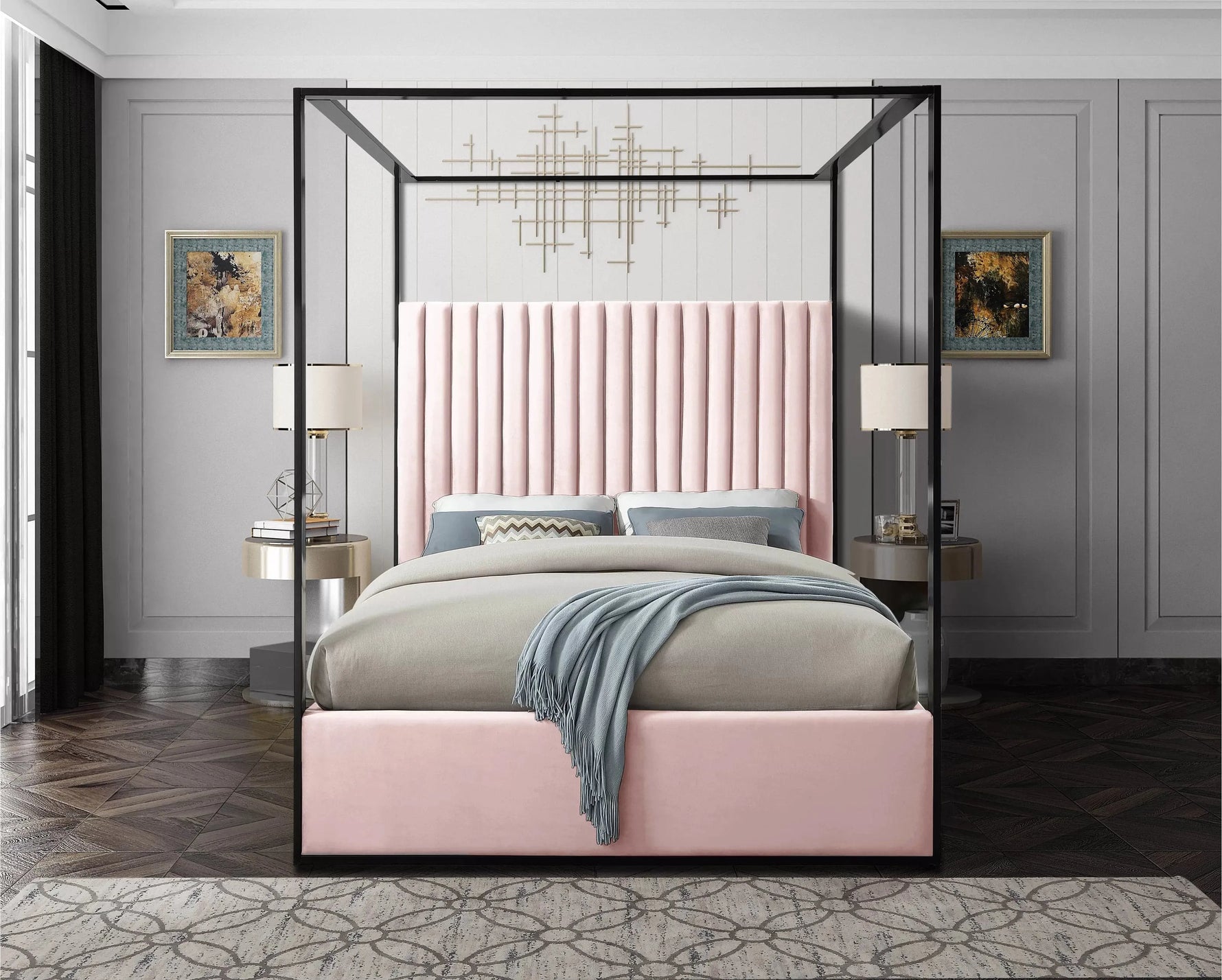 Minimalist Tufted Upholstered Low Profile Canopy Bed Pink