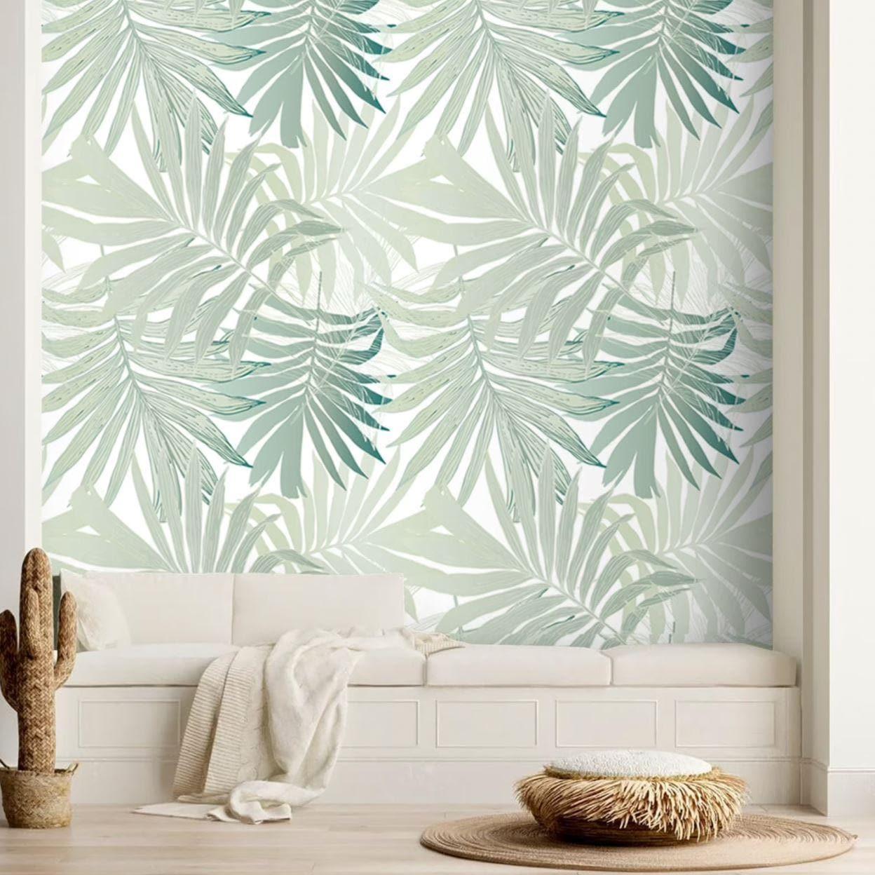 Mint Green Palm Leaves Wallpaper - MAIA HOMES