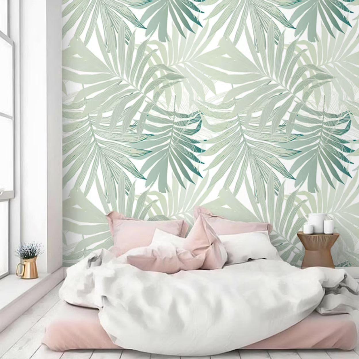 Mint Green Palm Leaves Wallpaper - MAIA HOMES