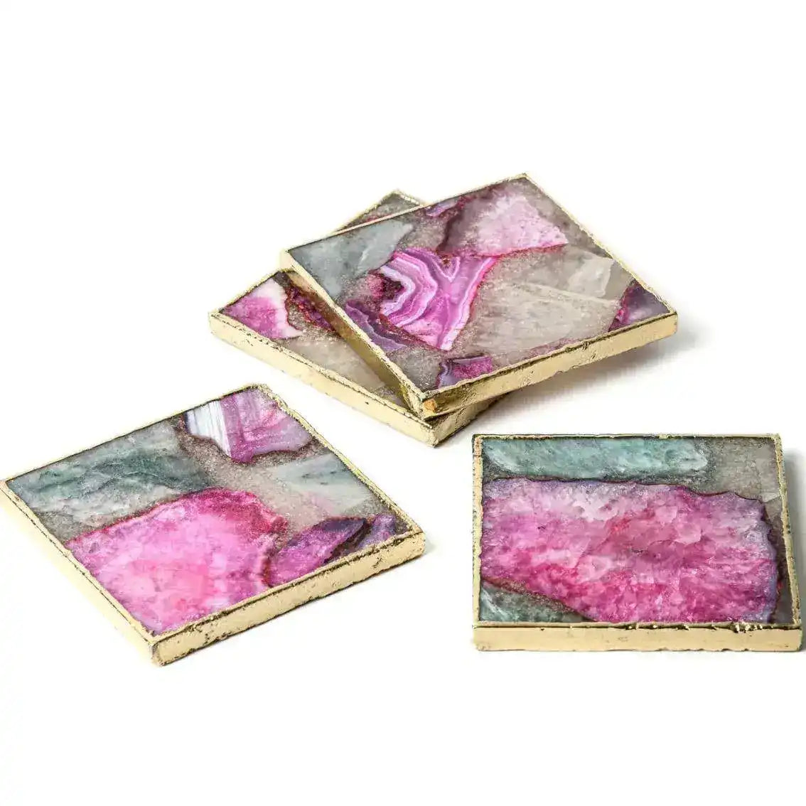 Mixed Colored Agate Coasters Square with Gold Trim Set of 4