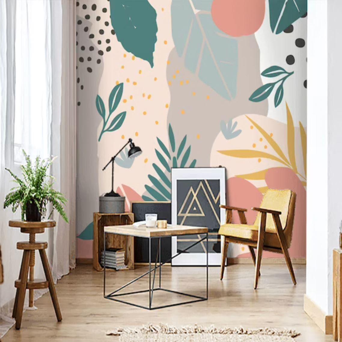 Modern Drawing Tropical Leaves Wall Mural