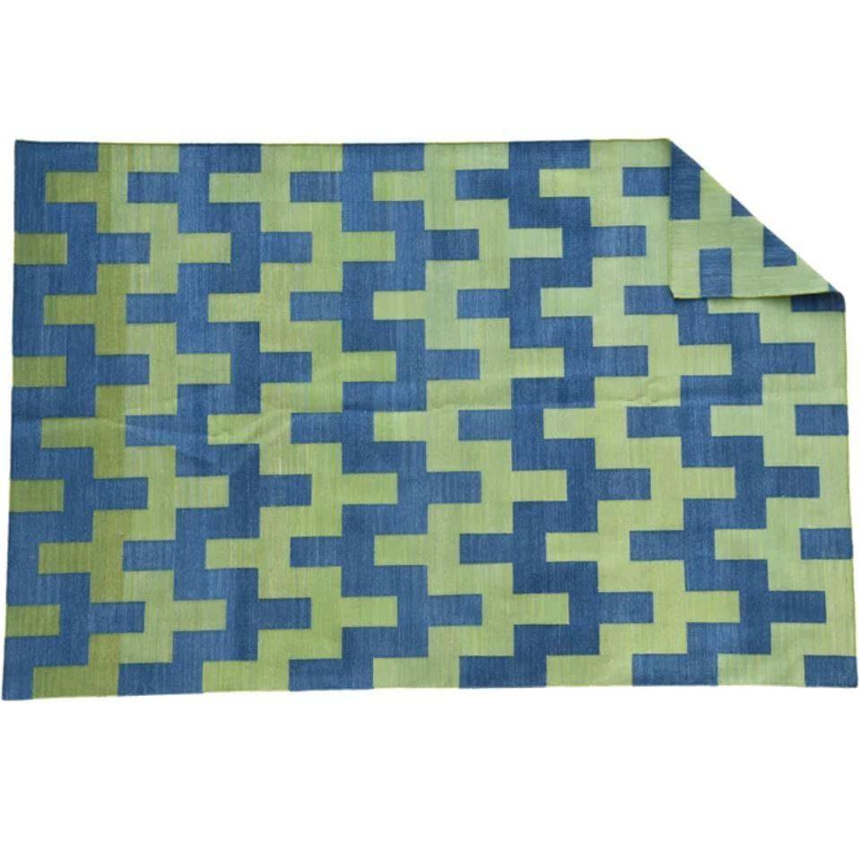 Modern Organic Vegetable Dyed Indian Dhurrie Reversible Cotton Rug - Green