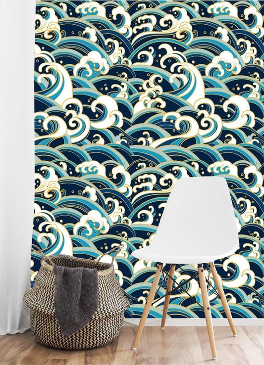 Modern Oriental Blue Waves Wallpaper - MAIA HOMES