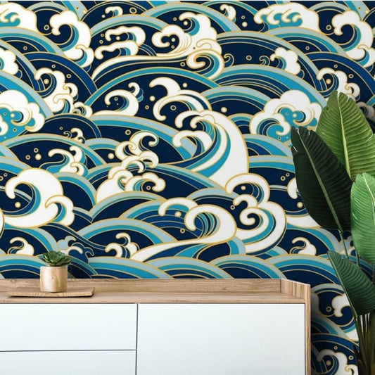 Modern Oriental Blue Waves Wallpaper - MAIA HOMES