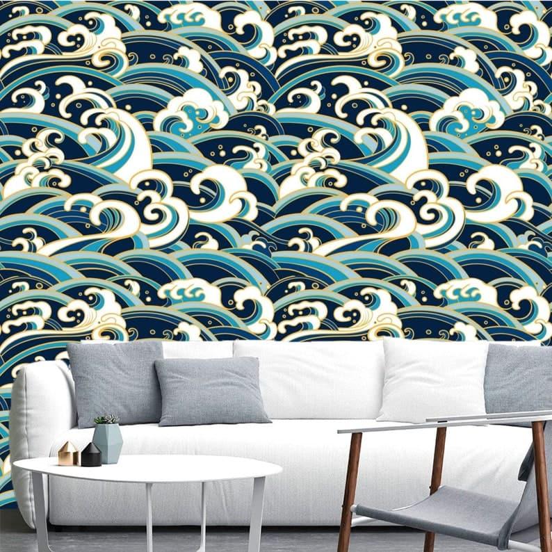 Modern Oriental Blue Waves Wallpaper