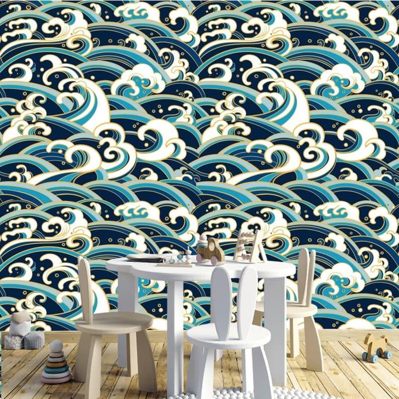 Modern Oriental Blue Waves Wallpaper