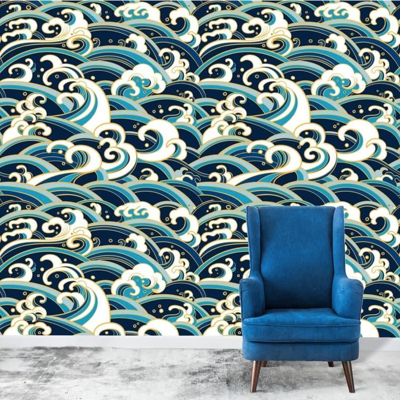 Modern Oriental Blue Waves Wallpaper