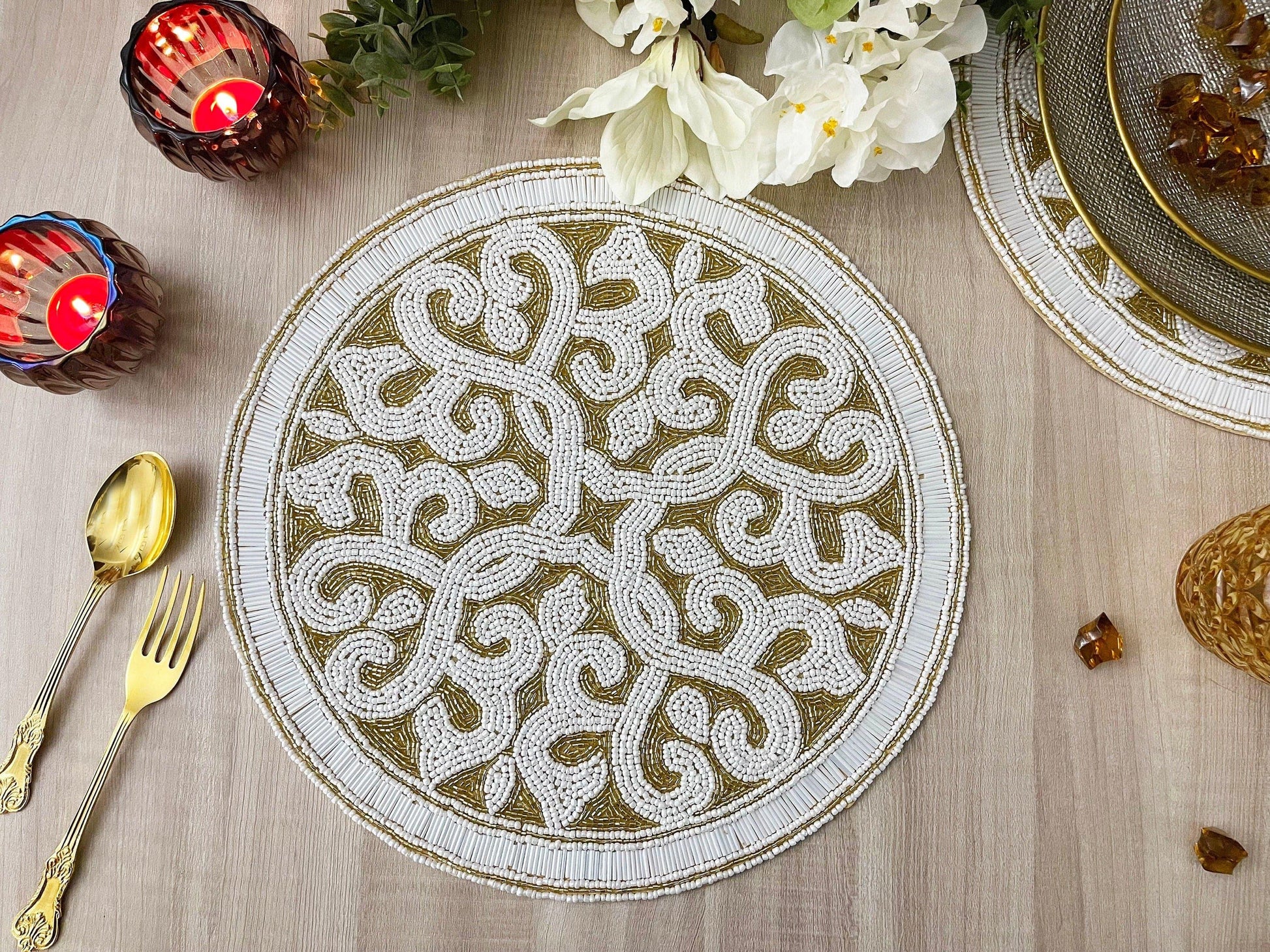 Moha Beaded Round Placemat - Cream-whiteGold - MAIA HOMES