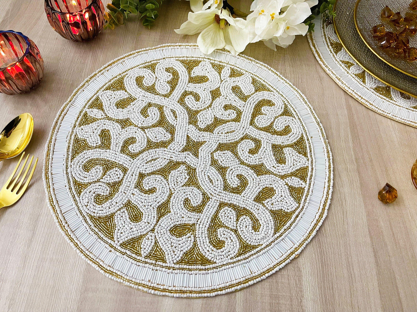 Moha Beaded Round Placemat - Cream-whiteGold - MAIA HOMES