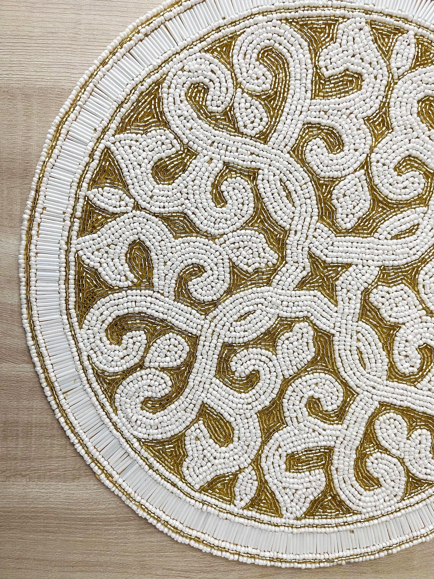 Moha Beaded Round Placemat - Cream-whiteGold - MAIA HOMES