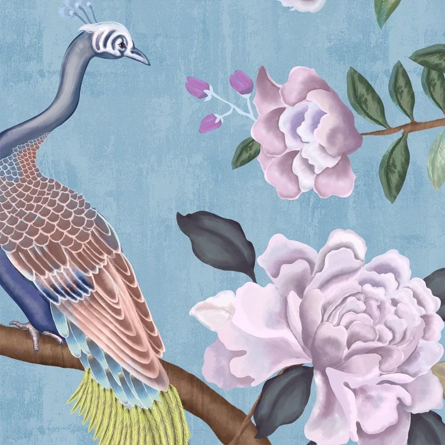 Morni, Peacock and Flowers Chinoiserie Wallpaper