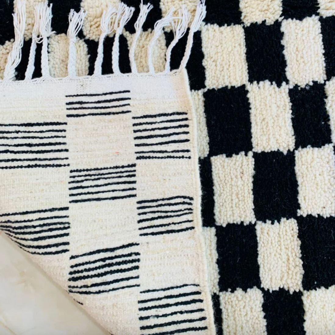 Moroccan Berber Handwoven Checker Wool Area Rug - Black and White - MAIA HOMES